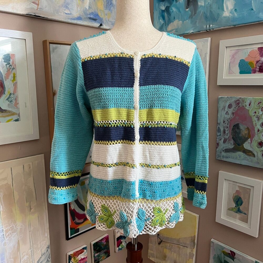 Lagenlook Coldwater Creek Crochet Cardigan Boho Coastal Cottagecore Artsy Size M